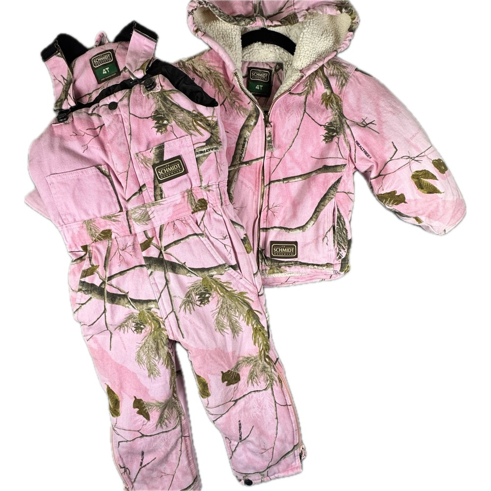 2 Pc Set Schmidt Outerwear Girls 4T Pink Realtree Camo Coat Bib Overalls